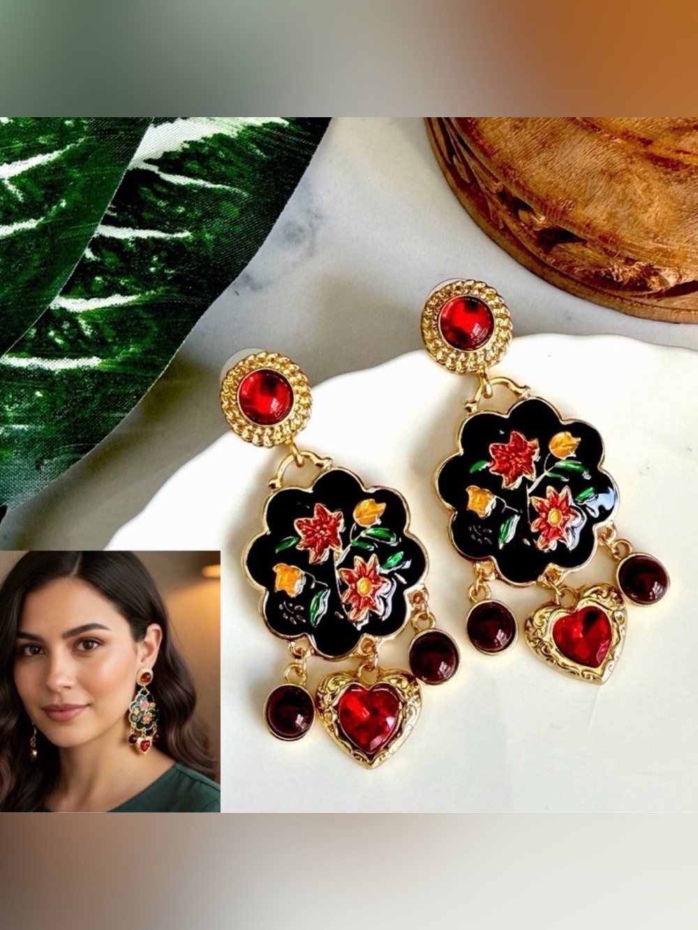 Vintage Style Gold Enamel Floral Baroque Earrings Colorful Stone Spanish NEW